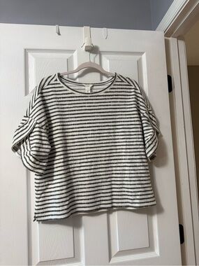 LOFT Striped Short Sleeve Top in Black and Cream Knit